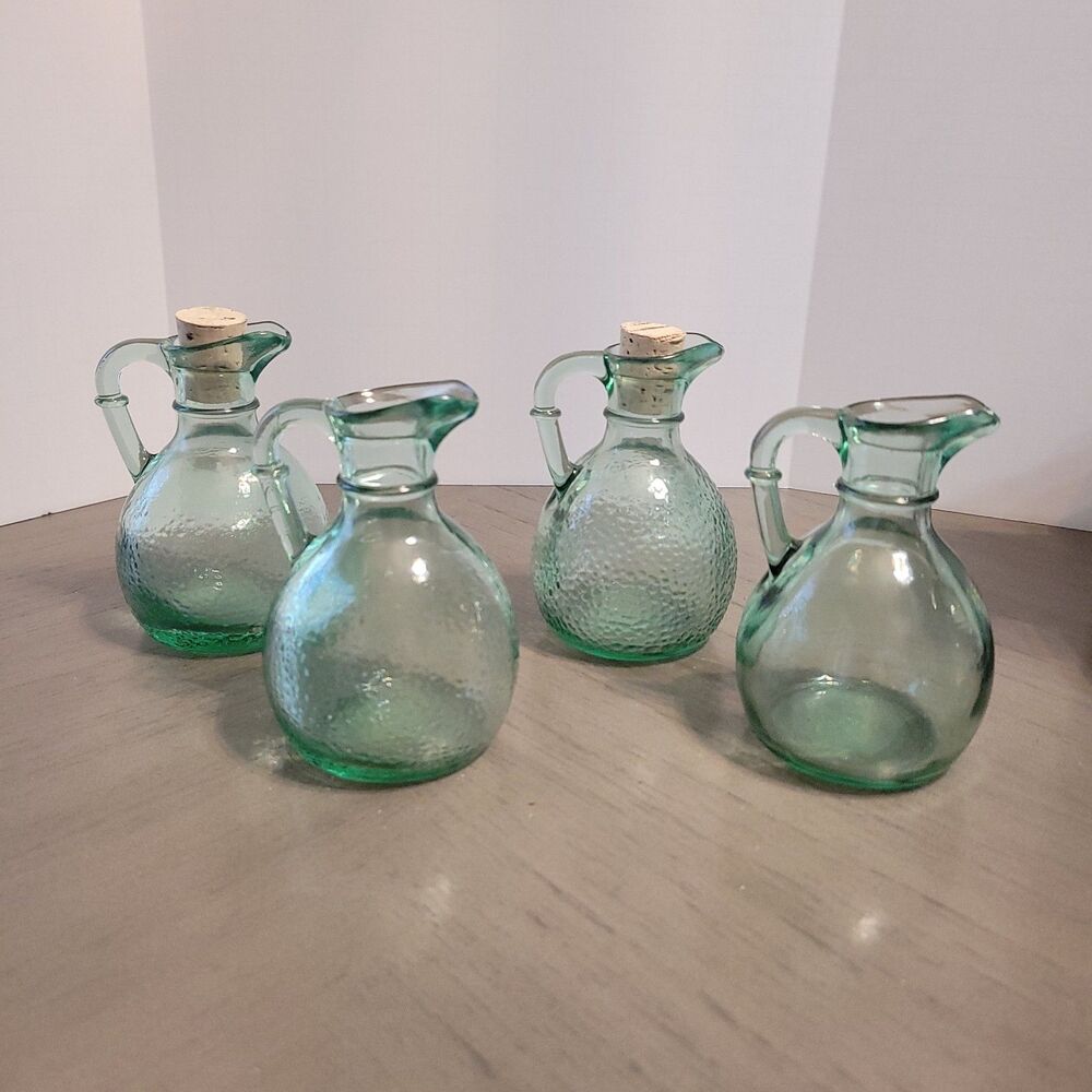 4 Vintage Mini Blue / Green Glass Cruet Syrup Dispenser Raised Design 1 Bubble